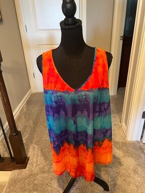 Worthington Bright Orange, Teal & Purple Tie-Dye V-Neck Tank